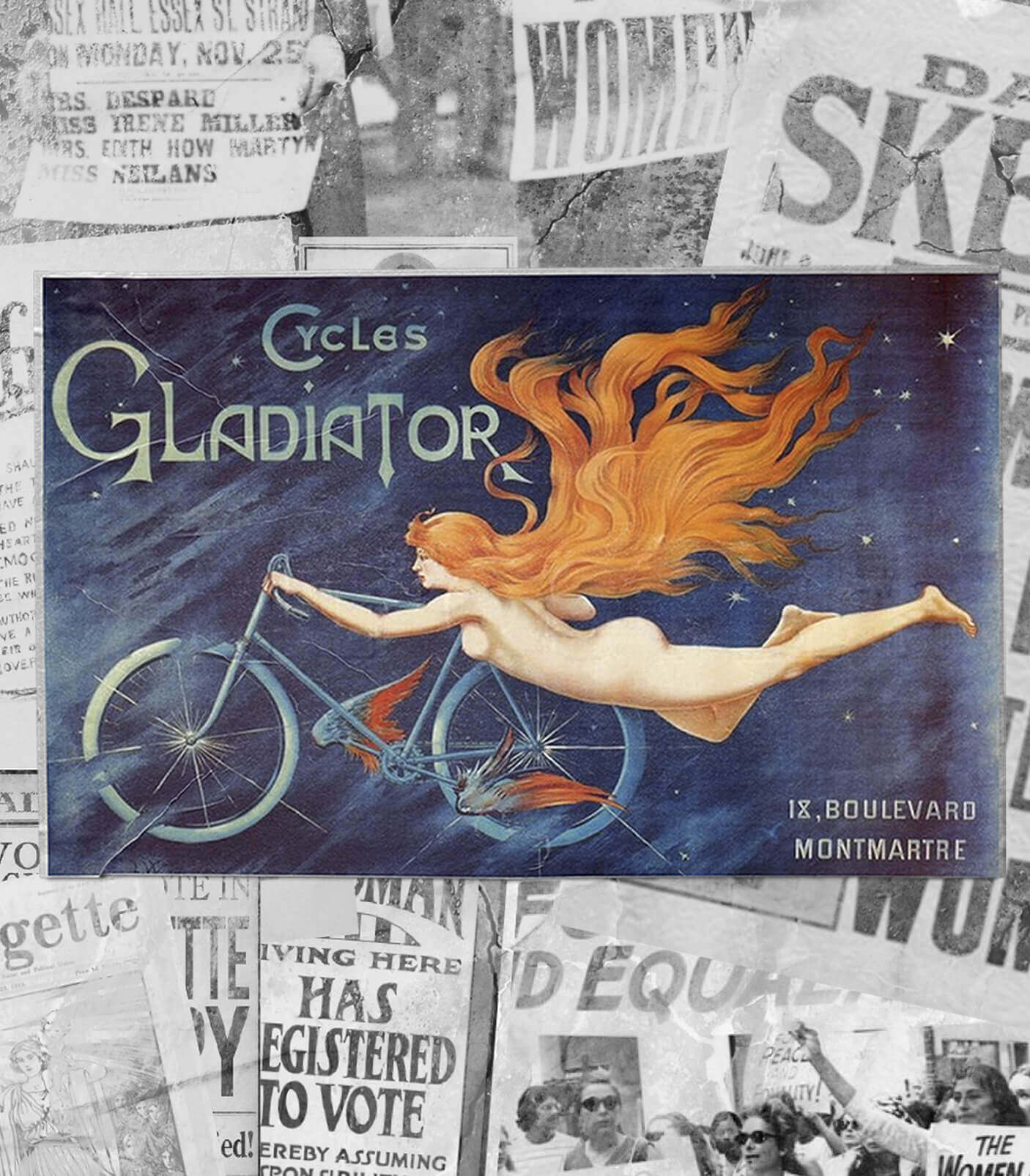 Newspaper background with cycles gladiator illustration of woman on top of bike